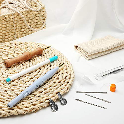 17 Piece Punch Needle Embroidery Kits Adjustable Rug Yarn Punch Needle Wooden Handle Embroidery Pen Needle Threader Punch Needle Cloth for Embroidery Floss Cross Stitching Beginner (Blue, Sky Blue)