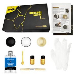 Kintsugi Repair Kit, Repair Your Meaningful Pottery with Gold Powder Glue - Comes with Two Practice Ceramic Cups for Starter