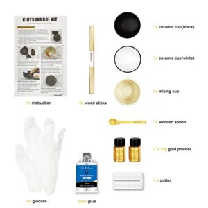 Kintsugi Repair Kit, Repair Your Meaningful Pottery with Gold Powder Glue - Comes with Two Practice Ceramic Cups for Starter