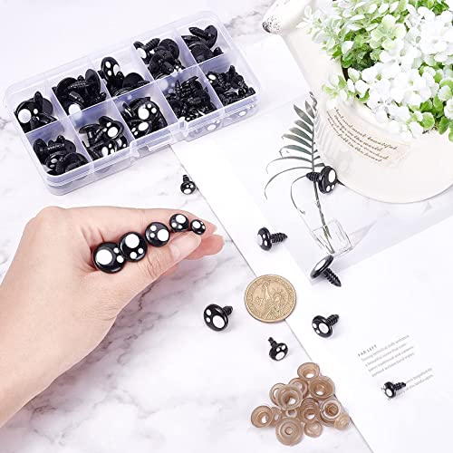 PH PandaHall Resin Safety Eyes, 100pcs 5 Size Craft Eyes Black Stuffed Crochet Eyes Kawaii Eyes with 100pcs Washers for Teddy Bear, Amigurumi Craft, Puppet, Plush Animal Making (8/ 10/ 12/ 14/ 16mm)