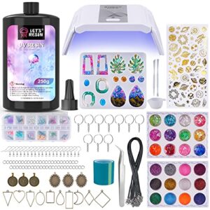 let’s resin uv resin kit with light,153pcs resin jewelry making kit with 250g crystal clear low odor uv resin, uv lamp, resin accessories, epoxy resin starter kit for keychain, jewelry, home decor