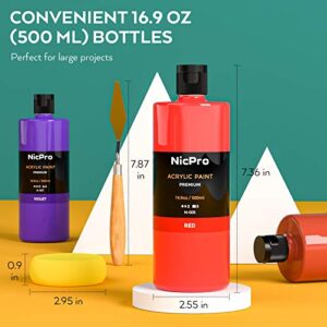 Nicpro 14 Colors Large Bulk Acrylic Paint Set (16.9 oz,500 ml) Rich Art Painting Supplies, Non Toxic for Multi Surface Canvas Wood Leather Fabric Stone Craft, for Kid & Adult with Color Wheel