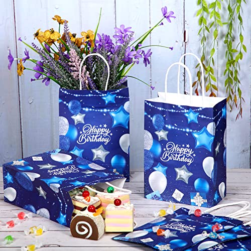 24 Pcs Birthday Gift Bags with Handles Navy Blue Silver Birthday Party Favors Goodie Bag Paper Gift Wrapping Bags for Boy Girls Men Women Birthday Party Supplies, 5.9 x 3.2 x 8.3 Inches