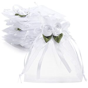 onupgo 50 pack white rose organza gift bags with drawstring, 4 x 4.7 inch wedding favor gift bags, small mesh candy bags jewelry pouches for party wedding christmas diy craft