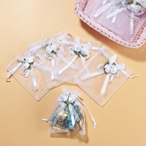 ONUPGO 50 Pack White Rose Organza Gift Bags with Drawstring, 4 x 4.7 inch Wedding Favor Gift Bags, Small Mesh Candy Bags Jewelry Pouches for Party Wedding Christmas DIY Craft