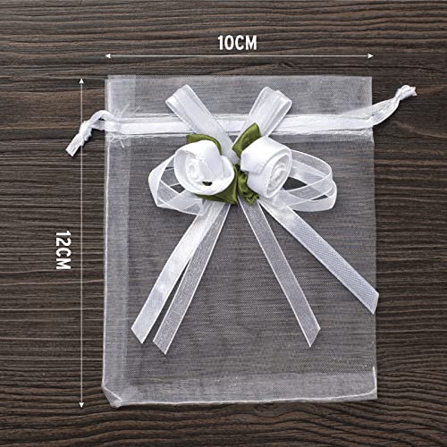 ONUPGO 50 Pack White Rose Organza Gift Bags with Drawstring, 4 x 4.7 inch Wedding Favor Gift Bags, Small Mesh Candy Bags Jewelry Pouches for Party Wedding Christmas DIY Craft