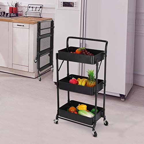 johgee Foldable 3 Tier Metal Utility Rolling Cart, Folding Mobile Multi-Function Storage Trolley Organizer Cart for Home Library Office(Black)