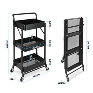johgee Foldable 3 Tier Metal Utility Rolling Cart, Folding Mobile Multi-Function Storage Trolley Organizer Cart for Home Library Office(Black)