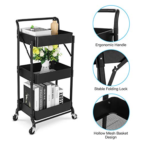 johgee Foldable 3 Tier Metal Utility Rolling Cart, Folding Mobile Multi-Function Storage Trolley Organizer Cart for Home Library Office(Black)