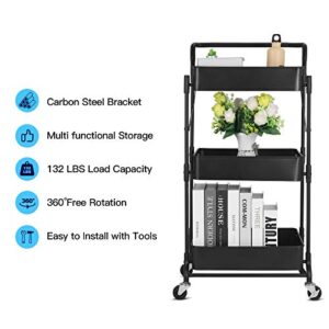johgee Foldable 3 Tier Metal Utility Rolling Cart, Folding Mobile Multi-Function Storage Trolley Organizer Cart for Home Library Office(Black)