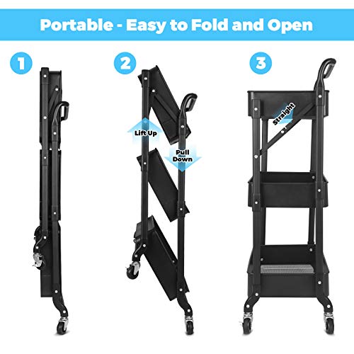 johgee Foldable 3 Tier Metal Utility Rolling Cart, Folding Mobile Multi-Function Storage Trolley Organizer Cart for Home Library Office(Black)