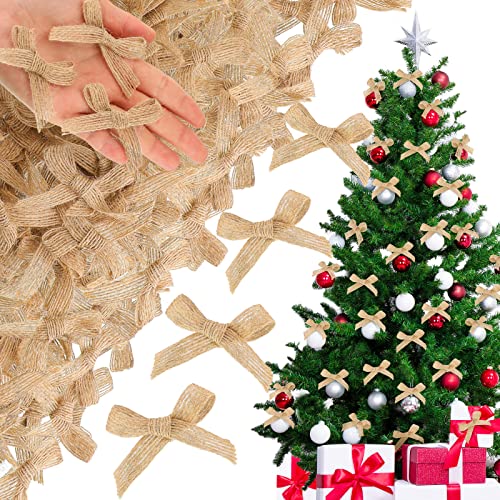 Giegxin 100 Pcs Christmas Mini Burlap Bows for Crafts Handmade Bows Tiny Twist Tie Bow Wreaths Ornaments Burlap Bows for Christmas Tree DIY Decorations Wedding Holiday Party with 43.74 Yard Rope