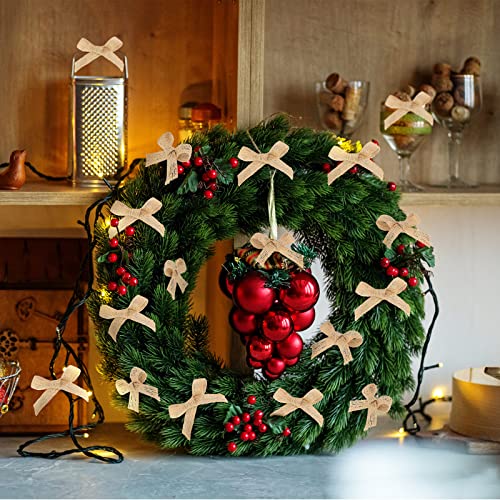 Giegxin 100 Pcs Christmas Mini Burlap Bows for Crafts Handmade Bows Tiny Twist Tie Bow Wreaths Ornaments Burlap Bows for Christmas Tree DIY Decorations Wedding Holiday Party with 43.74 Yard Rope