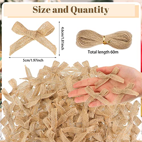 Giegxin 100 Pcs Christmas Mini Burlap Bows for Crafts Handmade Bows Tiny Twist Tie Bow Wreaths Ornaments Burlap Bows for Christmas Tree DIY Decorations Wedding Holiday Party with 43.74 Yard Rope