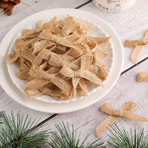 Giegxin 100 Pcs Christmas Mini Burlap Bows for Crafts Handmade Bows Tiny Twist Tie Bow Wreaths Ornaments Burlap Bows for Christmas Tree DIY Decorations Wedding Holiday Party with 43.74 Yard Rope