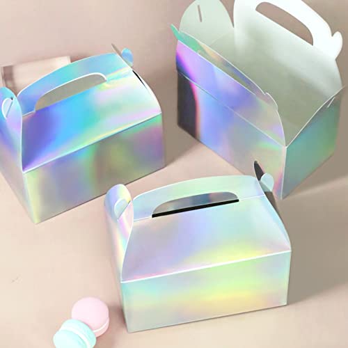 Harhana Party Treat Boxes, Iridescent Metallic Foil Gift Boxes- for Party Favors, Small Goodie Candy Boxes for Wedding, Birthday, Iridescent White, 6.2 x 3.6 x 3.4 Inches (12 pcs)