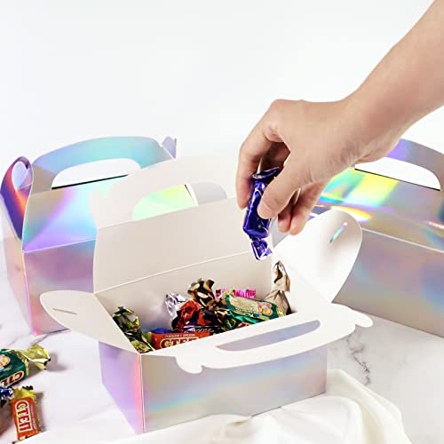 Harhana Party Treat Boxes, Iridescent Metallic Foil Gift Boxes- for Party Favors, Small Goodie Candy Boxes for Wedding, Birthday, Iridescent White, 6.2 x 3.6 x 3.4 Inches (12 pcs)