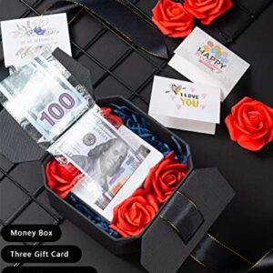 JSUPMKJ Money Pull Box for Cash Gift, Money Roll Gift Box with Flower, Ribbon Gift Box, Money Gift Box Pull for Birthday/Christmas/Valentine's Day (Black)