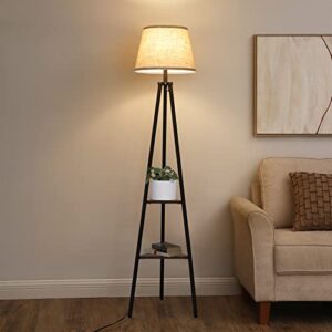 dewenwils floor lamp with shelves, industrial farmhouse tripod standing reading lamp, organizer storage shelf floor lamp for living room, bedroom, office, fabric linen shade