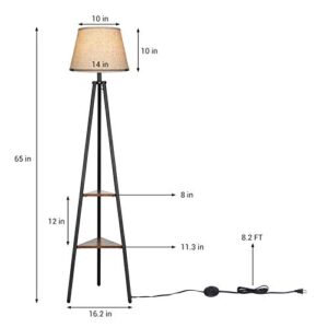 DEWENWILS Floor Lamp with Shelves, Industrial Farmhouse Tripod Standing Reading Lamp, Organizer Storage Shelf Floor Lamp for Living Room, Bedroom, Office, Fabric Linen Shade