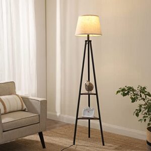 DEWENWILS Floor Lamp with Shelves, Industrial Farmhouse Tripod Standing Reading Lamp, Organizer Storage Shelf Floor Lamp for Living Room, Bedroom, Office, Fabric Linen Shade