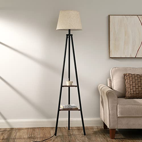 DEWENWILS Floor Lamp with Shelves, Industrial Farmhouse Tripod Standing Reading Lamp, Organizer Storage Shelf Floor Lamp for Living Room, Bedroom, Office, Fabric Linen Shade