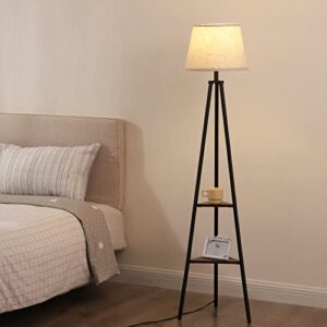 DEWENWILS Floor Lamp with Shelves, Industrial Farmhouse Tripod Standing Reading Lamp, Organizer Storage Shelf Floor Lamp for Living Room, Bedroom, Office, Fabric Linen Shade