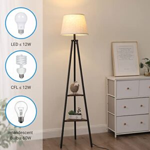 DEWENWILS Floor Lamp with Shelves, Industrial Farmhouse Tripod Standing Reading Lamp, Organizer Storage Shelf Floor Lamp for Living Room, Bedroom, Office, Fabric Linen Shade