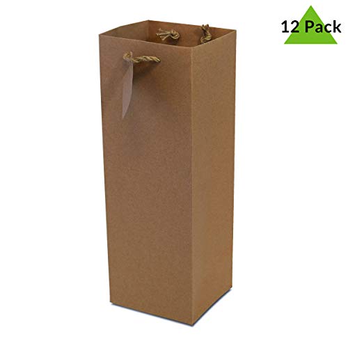 Wine Gift Bag - 12 Pack Large Brown Luxury Kraft Paper Bottle Bags with Jute Handles, Reusable, for Gift Bottles, Presents, Parties, Weddings, House Warming, Christmas, Holidays in Bulk - 5x4x14