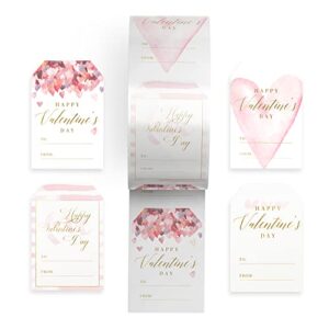 mobiusea creation valentine gift tags sticker |100-pack for valentines day gifts | gold foil and happy valentines day tags | 3 x 2 inch | 4 heart design assortments labels | valentines day gift tags