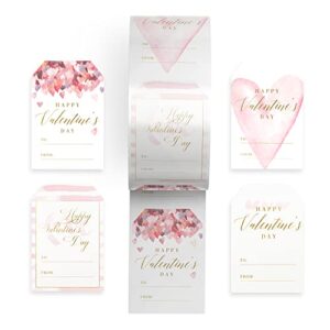 Mobiusea Creation Valentine Gift Tags Sticker |100-Pack for Valentines Day Gifts | Gold Foil and Happy Valentines Day Tags | 3 x 2 inch | 4 Heart Design Assortments Labels | Valentines Day Gift Tags