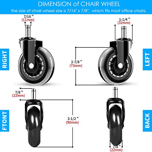 Office Chair Wheels - Replacement Rubber Wheels - Universal Fit 3 Inch Chair Casters, Heavy-Duty Chair Wheels, Noise Free, Fits 98% Chair, for All Floor (5)