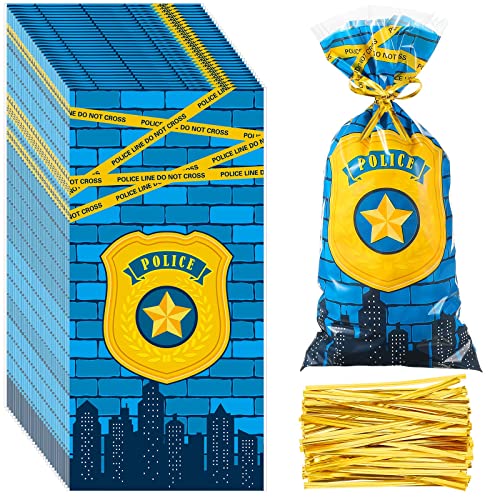 100 Pcs Police Party Cellophane Bags Police Party Favor Bags Police Gift Bag Police Candy Bag Police Goodie Bags Blue Cello Bags Treat Bag with 100 Sliver Twist Ties for Cop Birthday Party Supplies