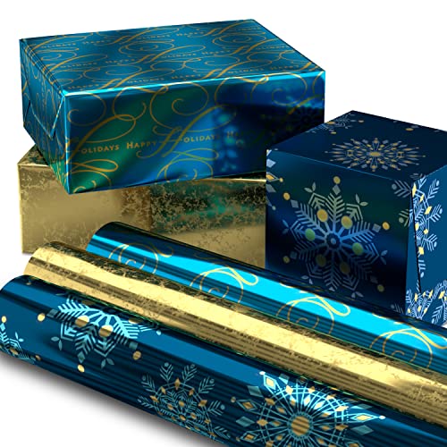 Hallmark Foil Holiday Wrapping Paper with Cut Lines on Reverse (3 Rolls: 60 sq. ft. ttl) Elegant Navy Blue and Gold for Christmas, Hanukkah, Weddings, Graduations