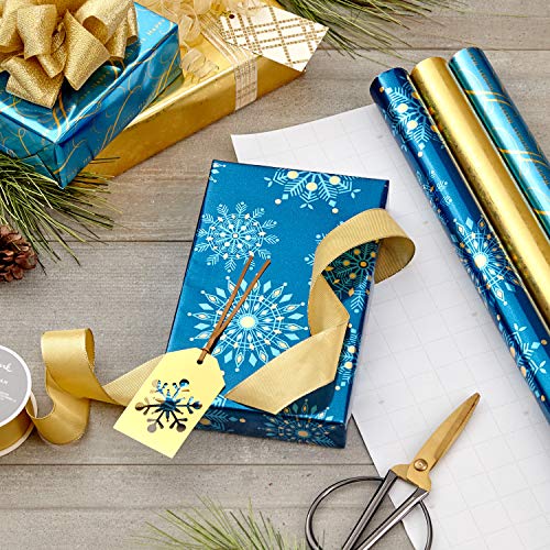 Hallmark Foil Holiday Wrapping Paper with Cut Lines on Reverse (3 Rolls: 60 sq. ft. ttl) Elegant Navy Blue and Gold for Christmas, Hanukkah, Weddings, Graduations
