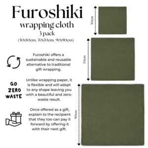 The Useless Brand Furoshiki Wrapping Cloth | Reusable Cotton Fabric Gift Wrap Paper | Pack of 3 (50x50cm, 70x70cm, 90x90cm) (Army Green)