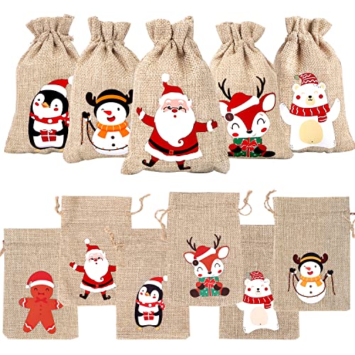 XIMISHOP 36pcs Christmas Burlap gift Bags Xmas Linen Jute goodies Treat Candy Bags With Drawstring for Christmas Party Supplies.