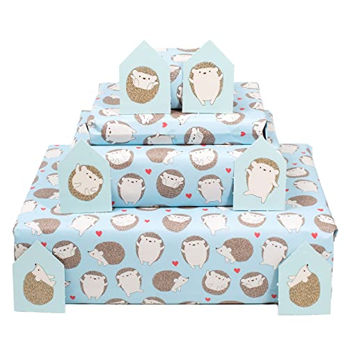 CENTRAL 23 - Wrapping Paper for Kids - Boys - Girls - Blue GiftWrap - Hedgehog and Hearts - Birthday Wrapping Paper - Recyclable