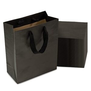 black gift bags with handles – 8x4x10 inch 50 pack designer shopping bags in bulk, small gift wrap totes with fabric ribbon handles for boutiques, small business, retail stores, merchandise, parties