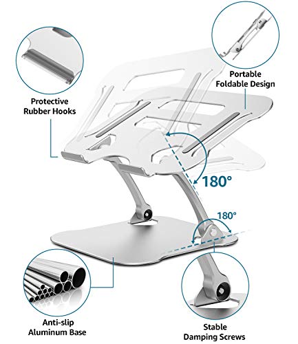 【2022 New】Laptop Stand for Desk, FRIEET Aluminum Ergonomic Laptop Riser with Heat Vent, Adjustable Height Foldable Computer Stand Holder Compatible with 10''-18" MacBook Air/Pro,Lenovo Dell HP, Silver