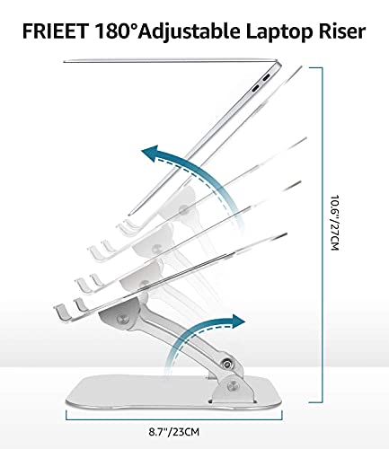 【2022 New】Laptop Stand for Desk, FRIEET Aluminum Ergonomic Laptop Riser with Heat Vent, Adjustable Height Foldable Computer Stand Holder Compatible with 10''-18" MacBook Air/Pro,Lenovo Dell HP, Silver