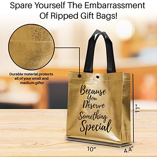 Reusable Black and Gold Gift Bags with Handles- Small Medium Gift Bag Set of 4 – For Women & Mens Gift, Bridesmaid, Bridal Party, Bachelorette Party Gifts - “Because You Deserve Something Special”