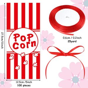 100 Pieces Popcorn Cellophane Bags Carnival Goodie Bags Red and White Stripe Treat Bags with A Roll of Red Ribbon for Chocolate Candy Snacks Cookies Carnival Birthday Party Supplies