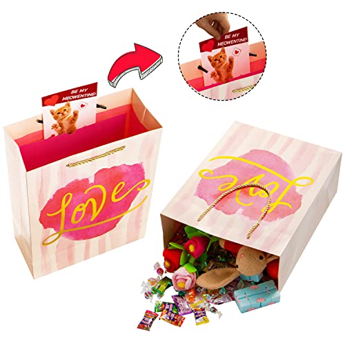 JOYIN 8 PCS Valentine’s Day Gift Bags with Tissue Paper, Large 10 X 12.8 X 4.4 inch with 4 Red Themed Designs for Kids Party Favor, Classroom Exchange Prizes, Present Wrapping