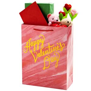 JOYIN 8 PCS Valentine’s Day Gift Bags with Tissue Paper, Large 10 X 12.8 X 4.4 inch with 4 Red Themed Designs for Kids Party Favor, Classroom Exchange Prizes, Present Wrapping