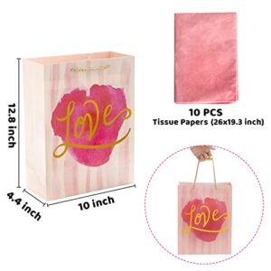 JOYIN 8 PCS Valentine’s Day Gift Bags with Tissue Paper, Large 10 X 12.8 X 4.4 inch with 4 Red Themed Designs for Kids Party Favor, Classroom Exchange Prizes, Present Wrapping