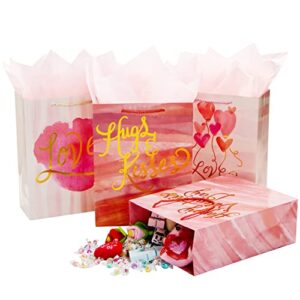 JOYIN 8 PCS Valentine’s Day Gift Bags with Tissue Paper, Large 10 X 12.8 X 4.4 inch with 4 Red Themed Designs for Kids Party Favor, Classroom Exchange Prizes, Present Wrapping