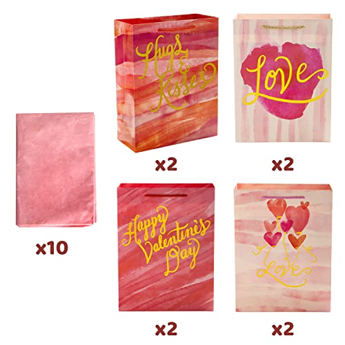 JOYIN 8 PCS Valentine’s Day Gift Bags with Tissue Paper, Large 10 X 12.8 X 4.4 inch with 4 Red Themed Designs for Kids Party Favor, Classroom Exchange Prizes, Present Wrapping