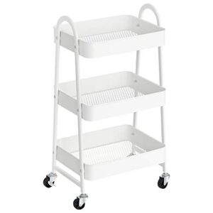 songmics 3-tier rolling cart, metal storage cart, kitchen storage trolley with 2 brakes and handles, utility cart, easy assembly, for painting utensils bedroom laundry room, white ubsc068w01