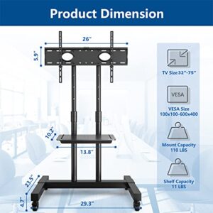 Mobile TV Cart for 32-75 Inch Screens up to 110 lbs, Height Adjustable Rolling TV Stand with Locking Wheels and Metal Shelf, Portable Outdoor Floor TV Stand Movable Monitor Holder for Home Office